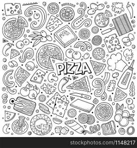Sketchy vector hand drawn doodle cartoon set of Pizzeria objects and symbols. Vector cartoon set of Pizzeria objects and symbols