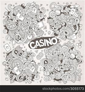 Sketchy vector hand drawn doodles cartoon set of Casino objects and symbols. Paper background. Sketchy vector doodles cartoon set of Casino designs