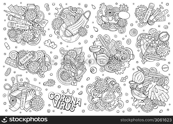 Sketchy vector hand drawn doodles cartoon set of Coronavirus combinations of objects and elements. All items are separate. Vector doodles cartoon set of Coronavirus objects and elements