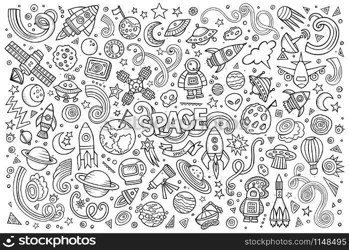 Sketchy vector hand drawn doodles cartoon set of Space objects and symbols. Sketchy vector hand drawn doodles cartoon set of Space objects