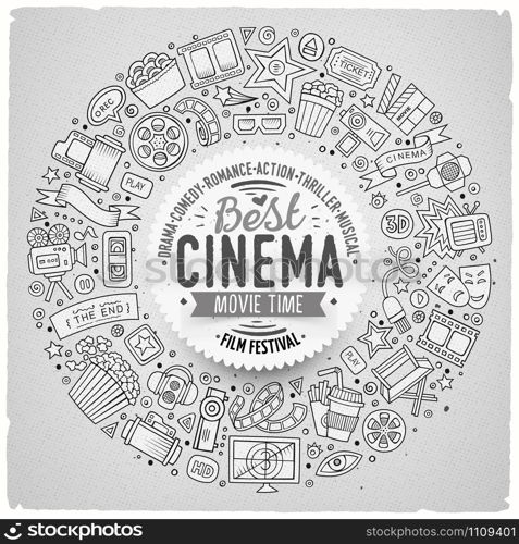 Sketchy vector hand drawn set of Cinema cartoon doodle objects, symbols and items. Round frame composition. Set of Cinema cartoon doodle objects