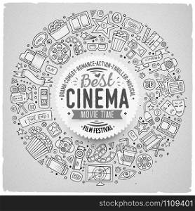 Sketchy vector hand drawn set of Cinema cartoon doodle objects, symbols and items. Round frame composition. Set of Cinema cartoon doodle objects