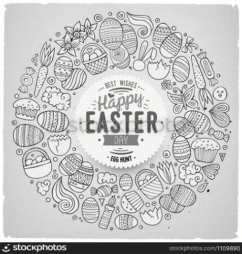Sketchy vector hand drawn set of Easter cartoon doodle objects, symbols and items. Round frame composition. Vector set of Easter cartoon doodle objects