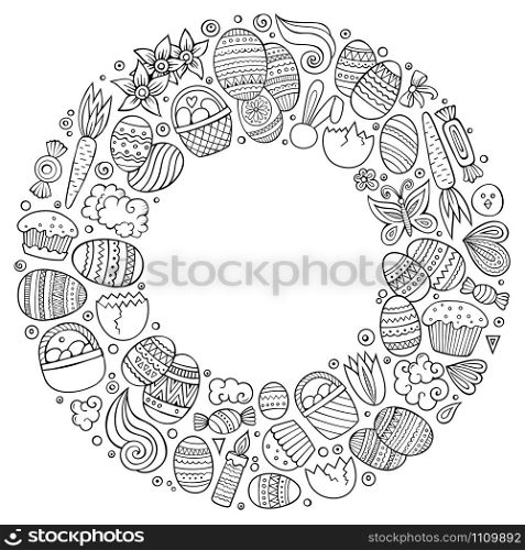 Sketchy vector hand drawn set of Easter cartoon doodle objects, symbols and items. Round frame composition. Vector set of Easter cartoon doodle objects