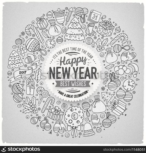 Sketchy vector hand drawn set of New Year cartoon doodle objects, symbols and items. Round frame composition. Set of New Year cartoon doodle objects round frame