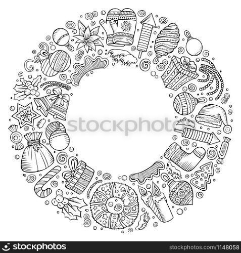 Sketchy vector hand drawn set of New Year cartoon doodle objects, symbols and items. Round frame composition