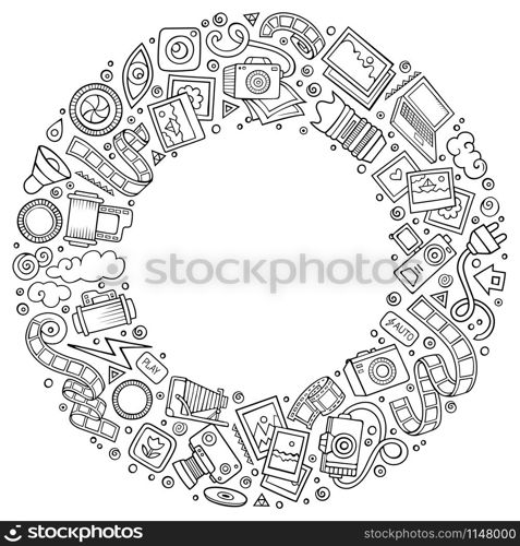Sketchy vector hand drawn set of Photo studio cartoon doodle objects, symbols and items. Round frame composition. Set of Photo studio cartoon doodle objects round frame