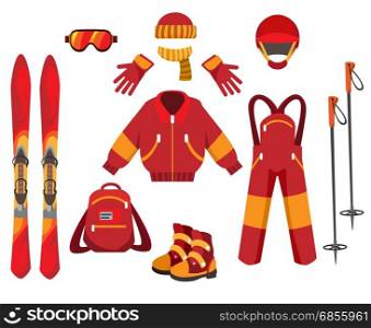 Ski clothes and equipment. Skiing clothes and equipment isolated on white background. Outdoors Sports vacation ski, jacket and snow masque vector illustration