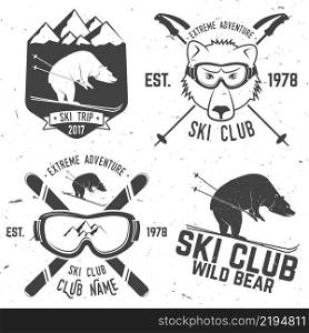 Ski club concept. Vector ski club retro badge. Concept for shirt, print, seal or stamp. Skis, mountain, bear and goggles. Typography design- stock vector. Family vacation, activity or travel. For logo design, patches or badges.. Vector ski club retro badge.