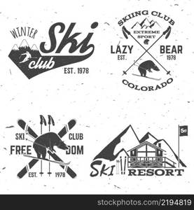 Ski club concept. Vector ski club retro badge. Concept for shirt, print, seal or stamp. Skis, mountain, bear and cottage. Typography design- stock vector. Family vacation, activity or travel. For logo design, patches or badges.. Vector ski club retro badge.