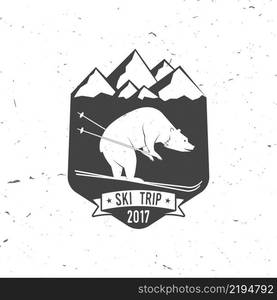 Ski club concept with bear. Vector ski club retro badge. Concept for shirt, print, seal or stamp. Ski club - wild bear. Typography design- stock vector. Family vacation, activity or travel. For logo design, patches or badges.. Ski club concept with bear.