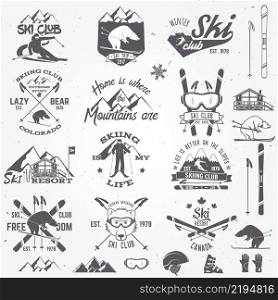 Ski club design. Vector illustration. Vector ski club retro badge. Concept for shirt, print, seal or stamp. Ski club typography design- stock vector. Family vacation, activity or travel.. Ski club design. Vector illustration.