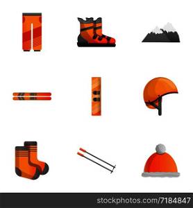 Ski equipment icon set. Cartoon set of 9 ski equipment vector icons for web design isolated on white background. Ski equipment icon set, cartoon style