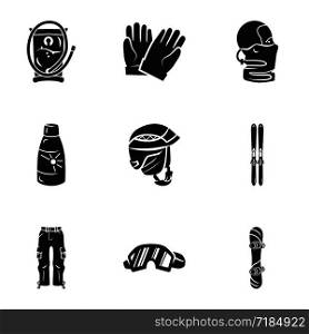 Ski equipment icon set. Simple set of 9 ski equipment vector icons for web design isolated on white background. Ski equipment icon set, simple style