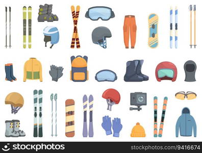 Ski equipment rental icons set cartoon vector. Winter travel. Snow sports. Ski equipment rental icons set cartoon vector. Winter travel