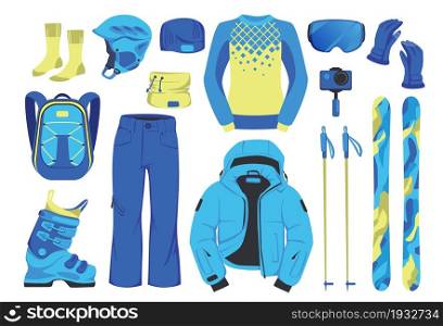 Ski equipment. Winter mountain clothes kit. Protective helmet and goggle. Waterproof jacket and pants. Blue backpack or boots. Isolated gear for sport activity. Vector extreme recreation clothing set. Ski equipment. Winter mountain clothes kit. Protective helmet and goggle. Waterproof jacket and pants. Backpack or boots. Gear for sport activity. Vector extreme recreation clothing set