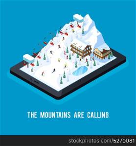 Ski Online Resort Concept. Skiing resort isometric conceptual composition with snowy mountain scenery with ropeway on top of tablet screen vector illustration