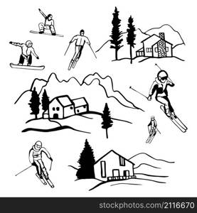 Ski resort. Chalet in the mountains. Snowboarders and skiers.Vector sketch illustration.. Ski resort. Chalet in the mountains.