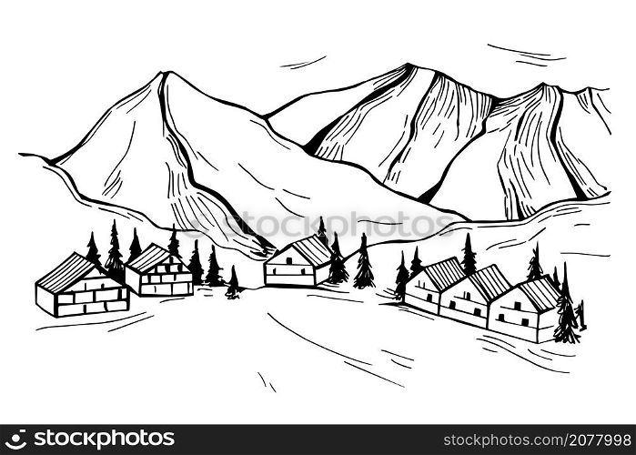Ski resort. Chalet in the mountains. Vector sketch illustration.. Chalet in the mountains.