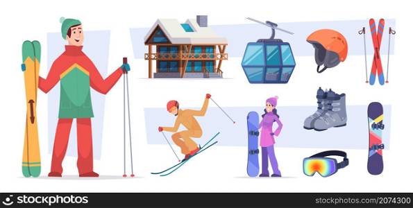 Ski resort. Christmas winter village snow activities in alps holiday landscape trails in mountain exact vector flat pictures of ski resort symbols. Extreme snowboard and ski resort illustration. Ski resort. Christmas winter village snow activities in alps holiday landscape trails in mountain exact vector flat pictures of ski resort symbols
