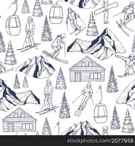 Ski resort. Hand drawn snowboarders and skiers. Chalet in the mountains. Vector seamless pattern.. Ski resort. Hand drawn snowboarders and skiers. Vector pattern