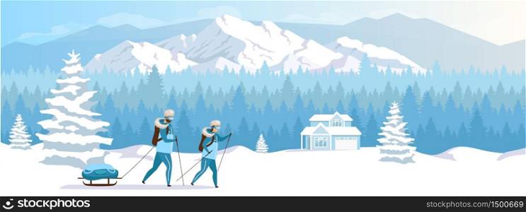 Ski resort holiday flat color vector illustration. Winter vacation. Skiing activity. Snow mountains landscape. 2D cartoon characters with snowy peaks and coniferous forest on background. Ski resort holiday flat color vector illustration