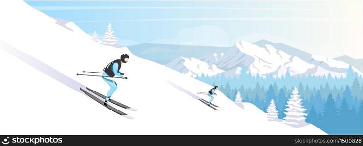 Ski resort holiday flat color vector illustration. Wintertime vacation. Snow mountains landscape. Extreme winter sport. 2D cartoon characters with peaks and coniferous forest on background. Ski resort holiday flat color vector illustration