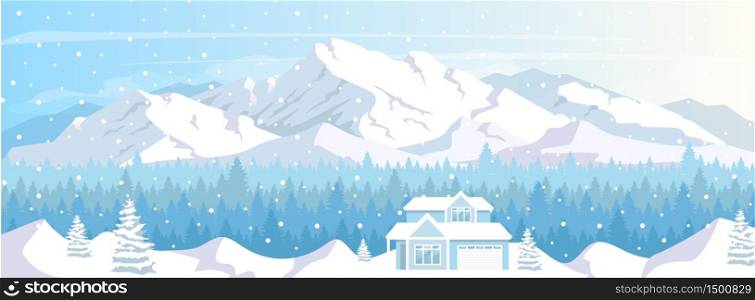 Ski resort house flat color vector illustration. Winter vacation. Lodge in snow mountains landscape. 2D cartoon characters with snowy peaks and coniferous forest on background. Ski resort house flat color vector illustration