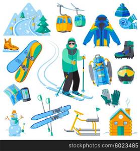 Ski resort icons. Ski resort icons set with winter sport equipment isolated vector illustration