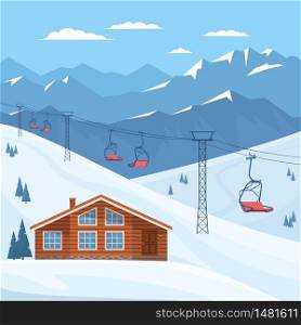 Ski resort with chair lift, house, chalet, winter mountain landscape, snow. Vector flat illustration.