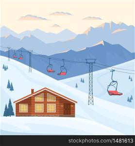 Ski resort with red chair lift, house, chalet, winter mountain evening and morning landscape, snow. Vector flat illustration.