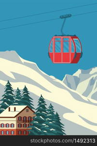 Ski resort with red gondola lift, chalet, winter mountain landscape, snowy peaks and slopes. Alps travel retro poster, vintage banner. Vector flat illustration.