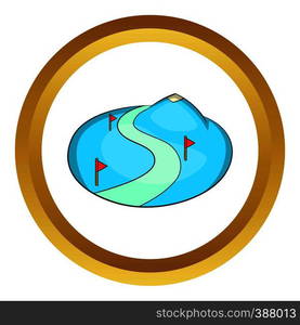 Ski slope of the snow mountain vector icon in golden circle, cartoon style isolated on white background. Ski slope of the snow mountain vector icon