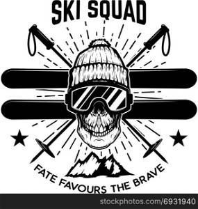 Ski squad. Extreme skull with skis. Design element for emblem, sign, label, poster. Vector illustration