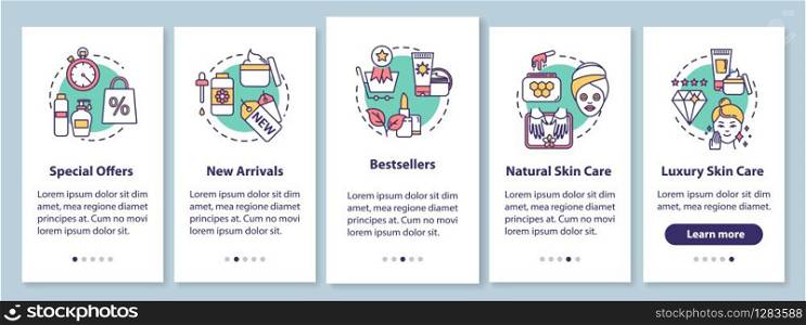 Skicare onboarding mobile app page screen with concepts. Bestsellers and special offers. Cosmetic products walkthrough 5 steps graphic instructions. UI vector template with RGB color illustrations