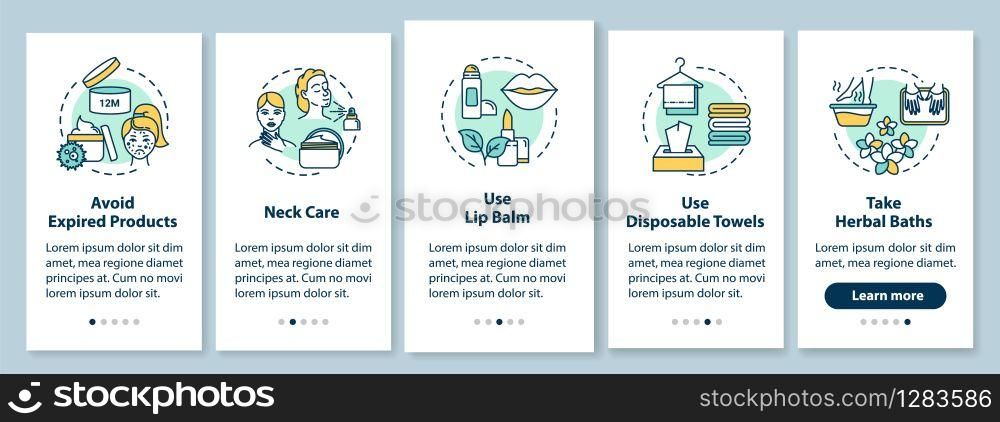 Skicare onboarding mobile app page screen with concepts. Cosmetic products. Cosmetology and beauty walkthrough 5 steps graphic instructions. UI vector template with RGB color illustrations