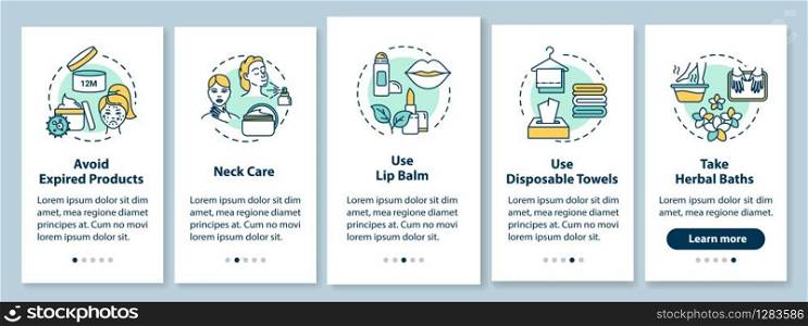 Skicare onboarding mobile app page screen with concepts. Cosmetic products. Cosmetology and beauty walkthrough 5 steps graphic instructions. UI vector template with RGB color illustrations