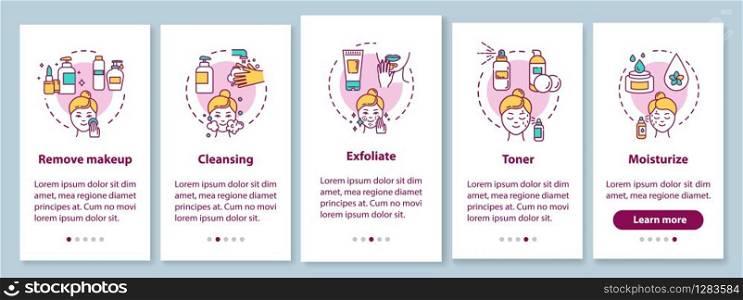 Skicare onboarding mobile app page screen with concepts. Regular masks, facebuilding. Cosmetology walkthrough 5 steps graphic instructions. UI vector template with RGB color illustrations