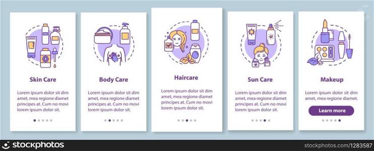 Skicare onboarding mobile app page screen with concepts. Suncare and bodycare. Dermatology walkthrough 5 steps graphic instructions. UI vector template with RGB color illustrations