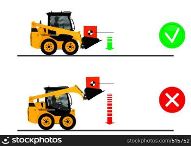 Skid steer loader safety tips. Driving forward with a load. Flat vector.