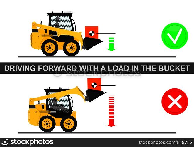 Skid steer loader safety tips. Driving forward with a load in the bucket. Flat vector.