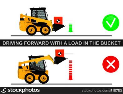 Skid steer loader safety tips. Driving forward with a load in the bucket. Flat vector.