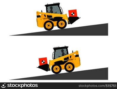 Skid steer loader safety tips. Driving uphill and downhill with a load. Flat vector.