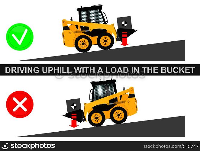 Skid steer loader safety tips. Driving uphill with a load. Flat vector.