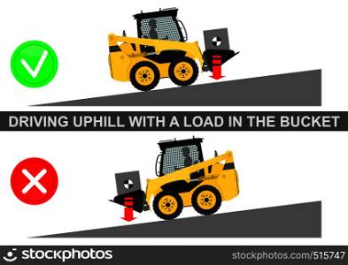 Skid steer loader safety tips. Driving uphill with a load. Flat vector.