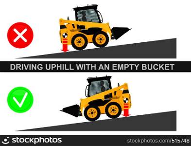 Skid steer loader safety tips. Driving uphill with an empty bucket. Flat vector.