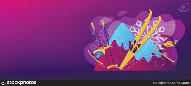 Skier and snowboarder sliding downhill in mountains. Winter extreme sports, downhill cross-country skiing, snowboarding freeride concept. Header or footer banner template with copy space.. Winter extreme sports concept banner header.