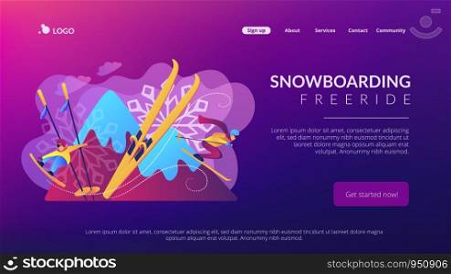 Skier and snowboarder sliding downhill in mountains. Winter extreme sports, downhill cross-country skiing, snowboarding freeride concept. Website vibrant violet landing web page template.. Winter extreme sports concept landing page.