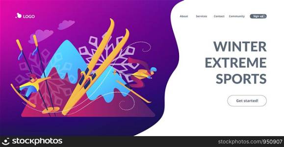 Skier and snowboarder sliding downhill in mountains. Winter extreme sports, downhill cross-country skiing, snowboarding freeride concept. Website vibrant violet landing web page template.. Winter extreme sports concept landing page.