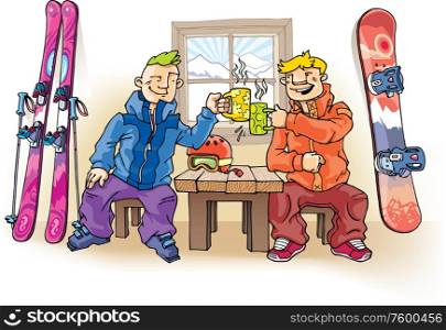 Skier and Snowboarder. Two young friends - the skier and the snowboarder - are drinking something hot.